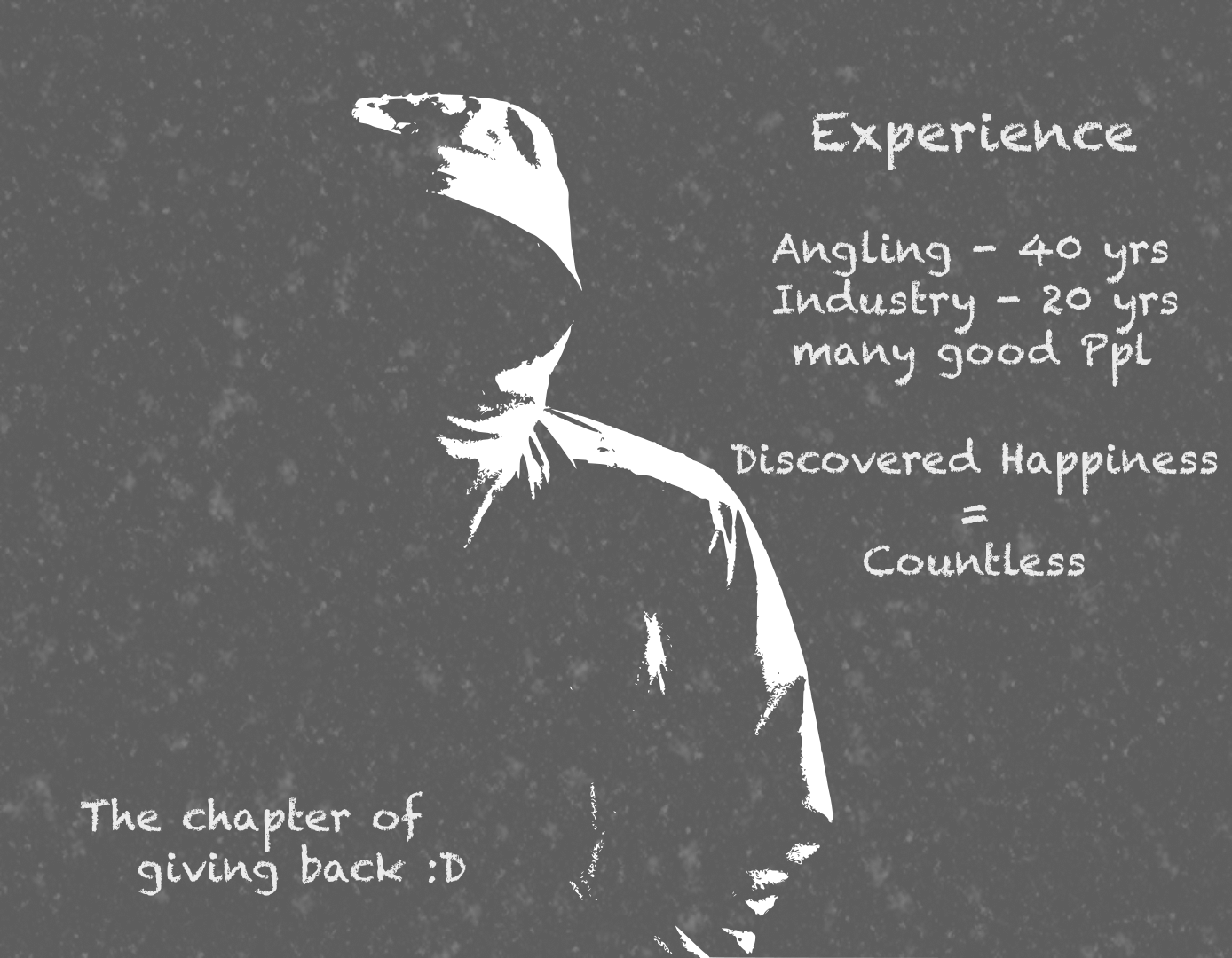 Experience Angling - 40 yrs Industry - 20 yrs Met many good Ppl Discovered Happiness = Countless The chapter of giving back :D